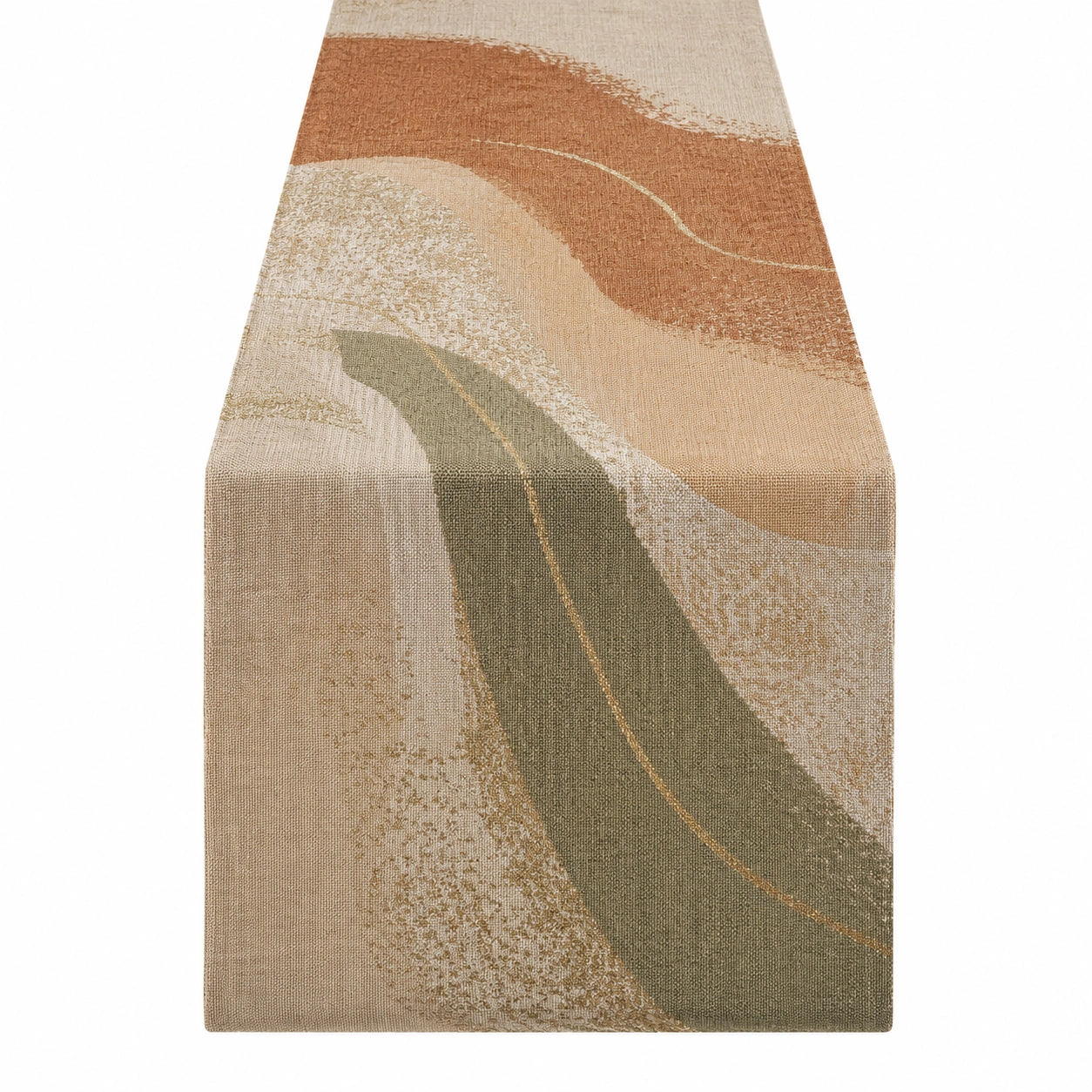 Camino de mesa beige con diseño abstracto verde y naranja