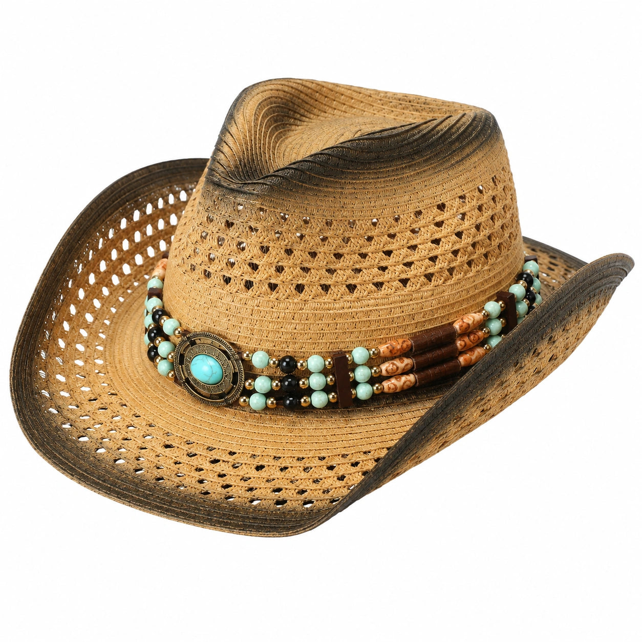Sombrero Vaquero de Paja Marrón con Cuentas Decorativas