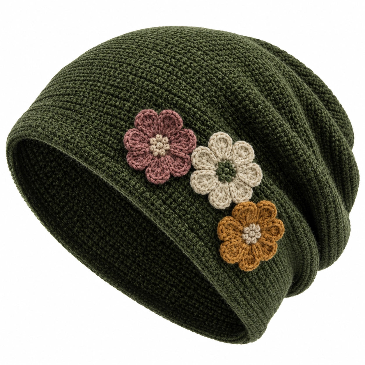 Gorro de Punto Verde con Flores Tejidas