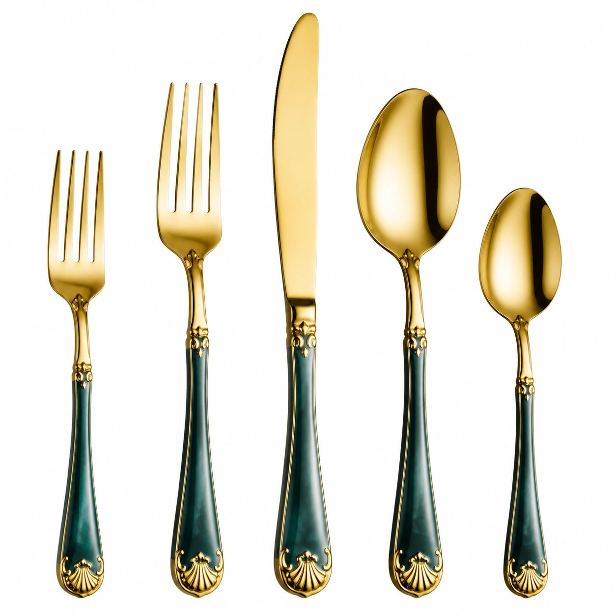 Juego de Cubiertos de 5 Piezas Dorado con Mango Verde y Diseño Elegante