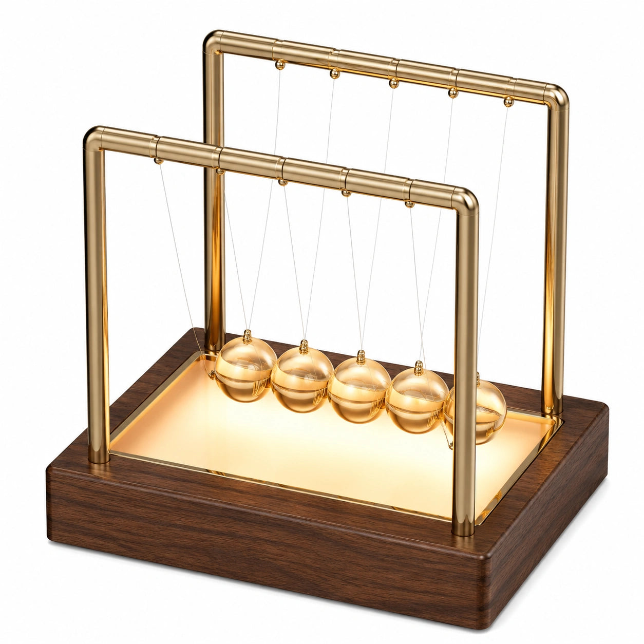 Péndulo de Newton Iluminado con Marco Dorado y Base de Madera